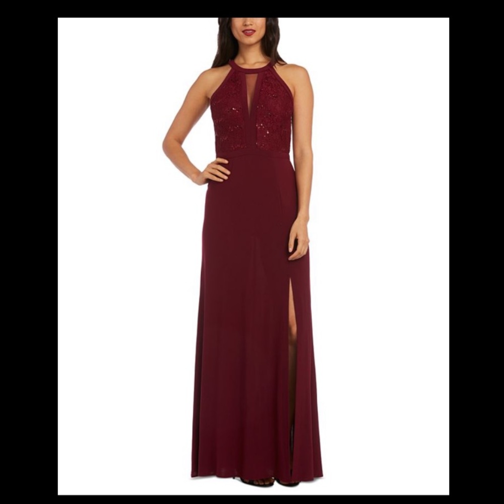 Formal Red Dress - Night Way Merlot Sequin & Lace Halter Gown,  size 4